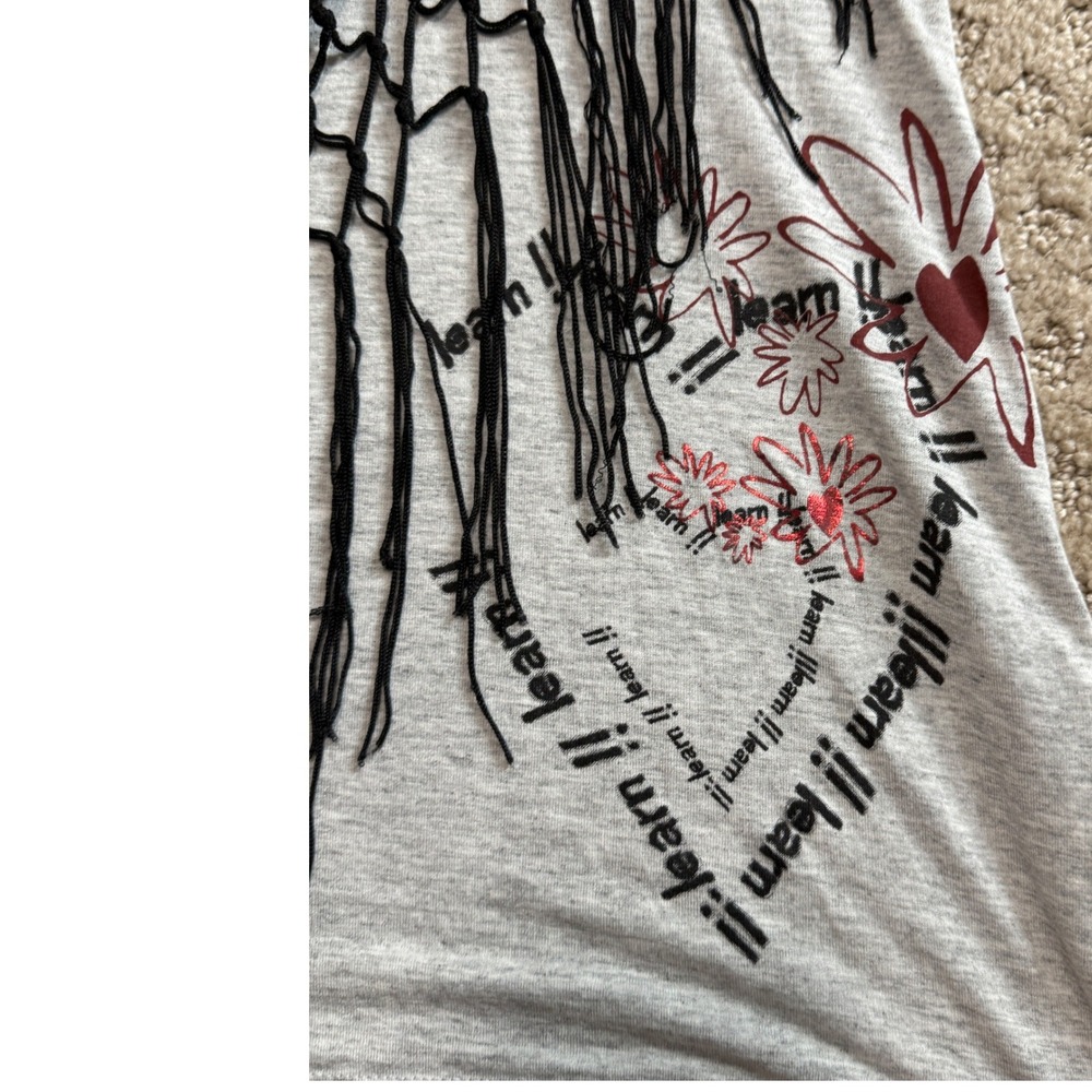 Desigual Scarf Fringe Top Women M Gray Floral Graphic Short Sleeve Excellent - Picture 7 of 10